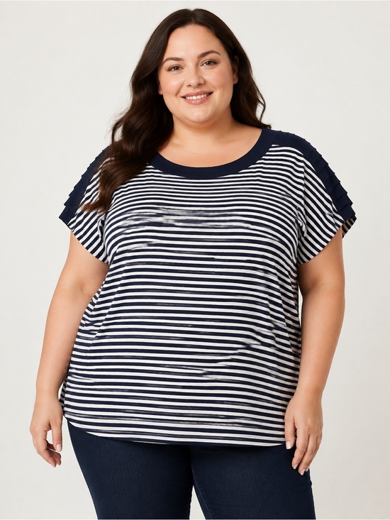 Cable & Gauge Tops - Cable & Gauge Navy and White Striped Short Sleeve Top